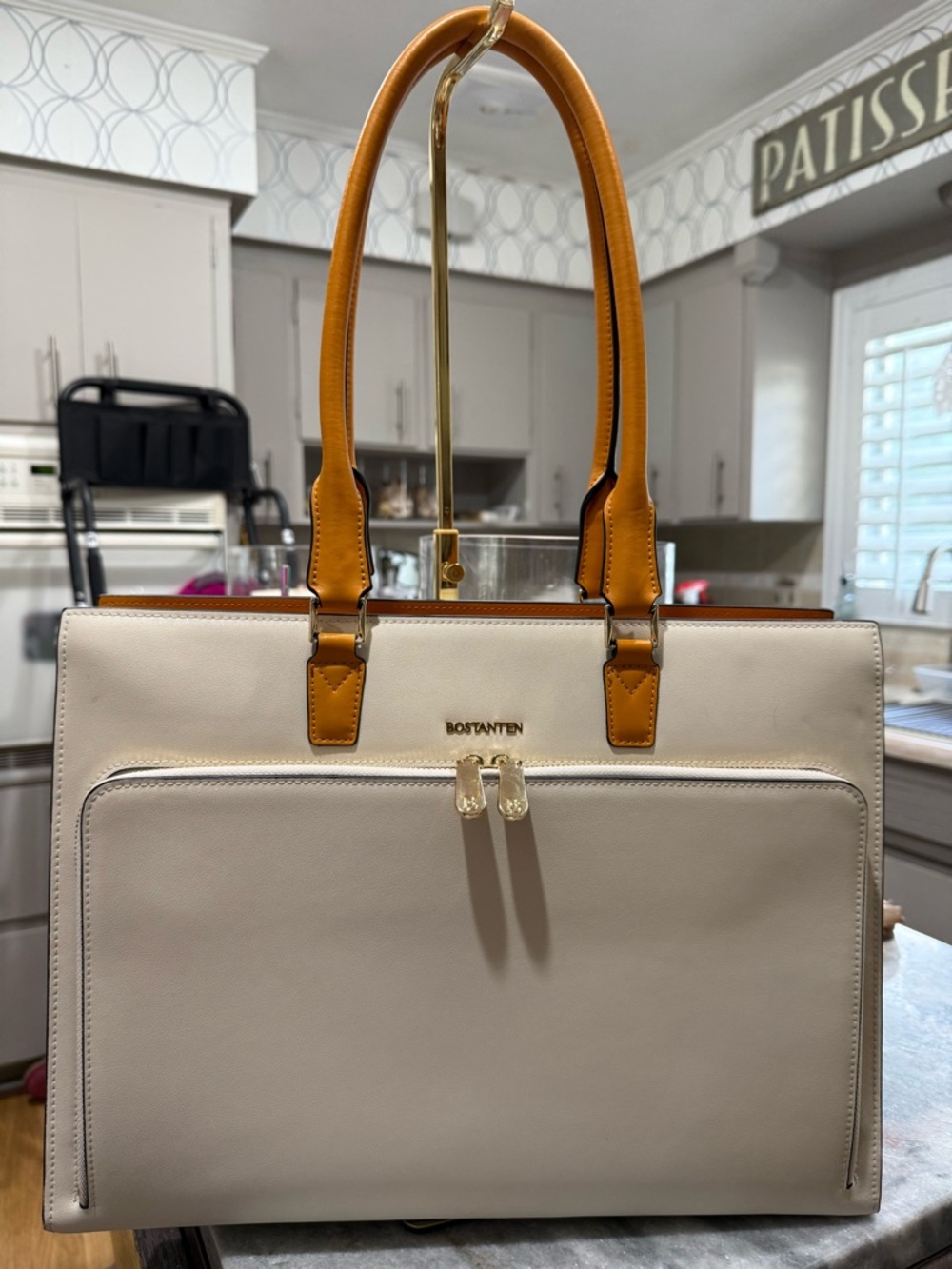Bostanten Cream & Mustard Two-Tone Briefcase Tote.